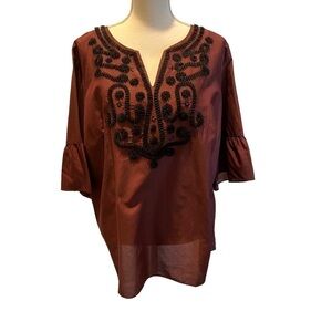 RSVP by Talbots Silk & Cotton Blend Embellished V-neck blouse in Wine Size 1X